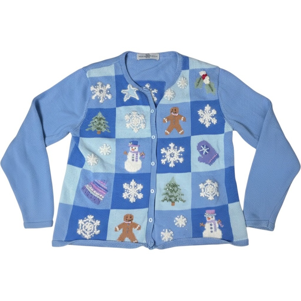 Marisa Christina Christmas Cardigan Blue Patchwork Snowman Gingerbread Sweater